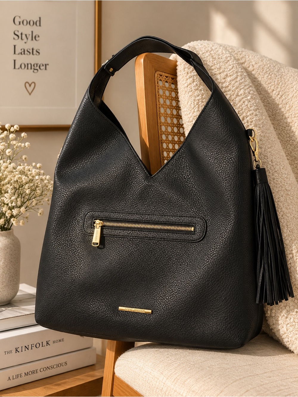 Steve Madden Black Pebbled Leather Hobo with Tassel
